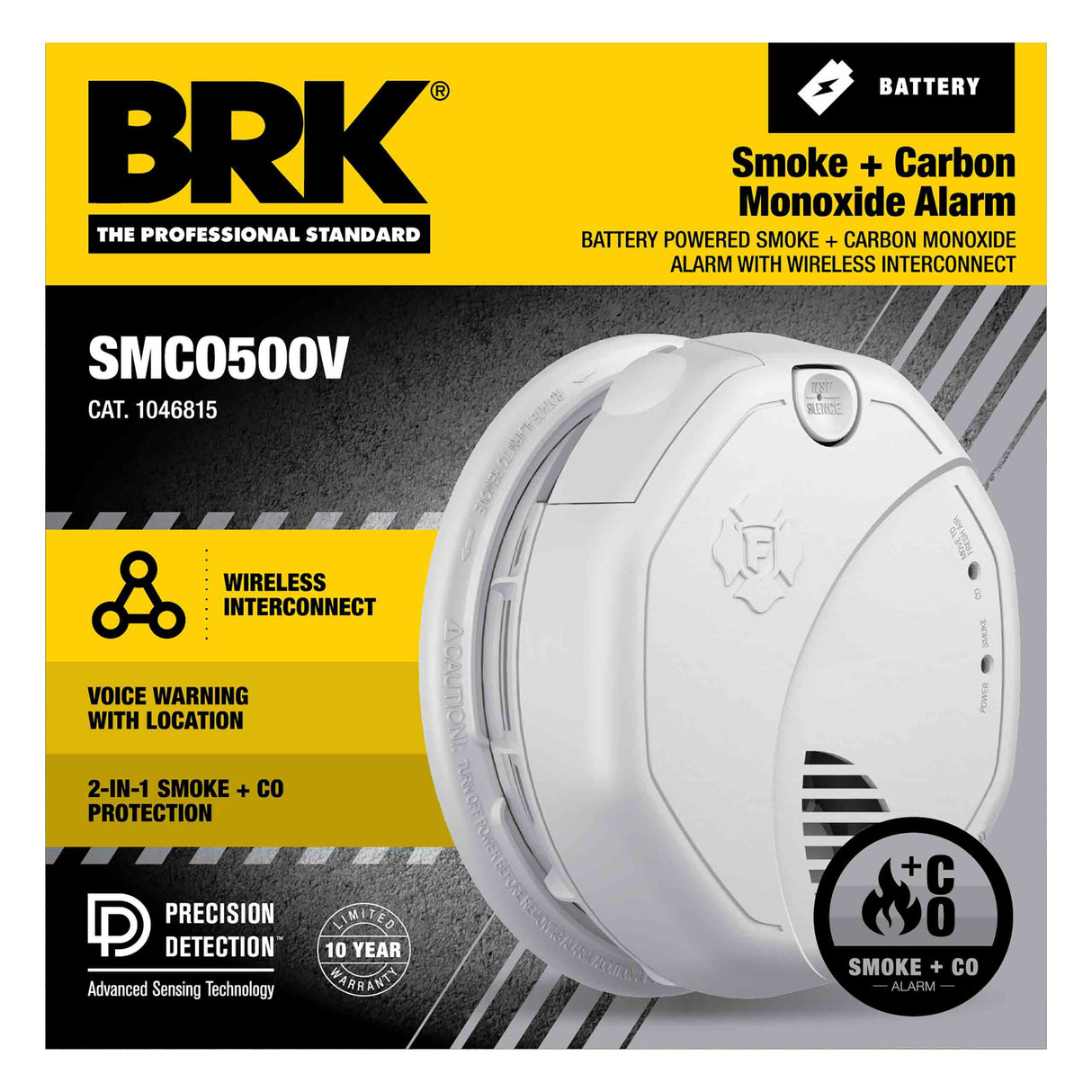 Interconnect Battery-Operated Smoke and CO Alarm with Voice